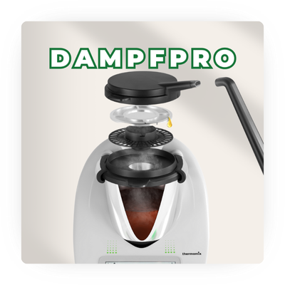 Kategorie-Bild eines Thermomix mit Dampfumleiter, das den Dampfprozess zeigt, mit dem Titel "DAMPFPRO" in grüner Schrift.